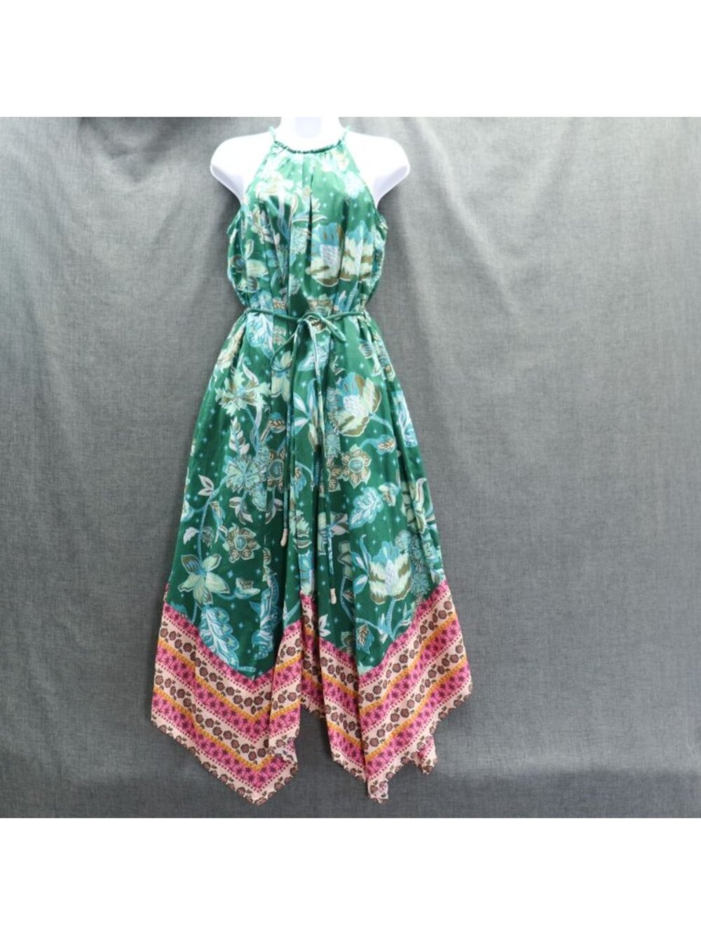 Sundance Teal Floral Maxi Halter Dress XS Handkerchief Boho Viscose Cotton - Picture 3 of 16